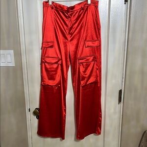 Red Wide Leg Satin Pants